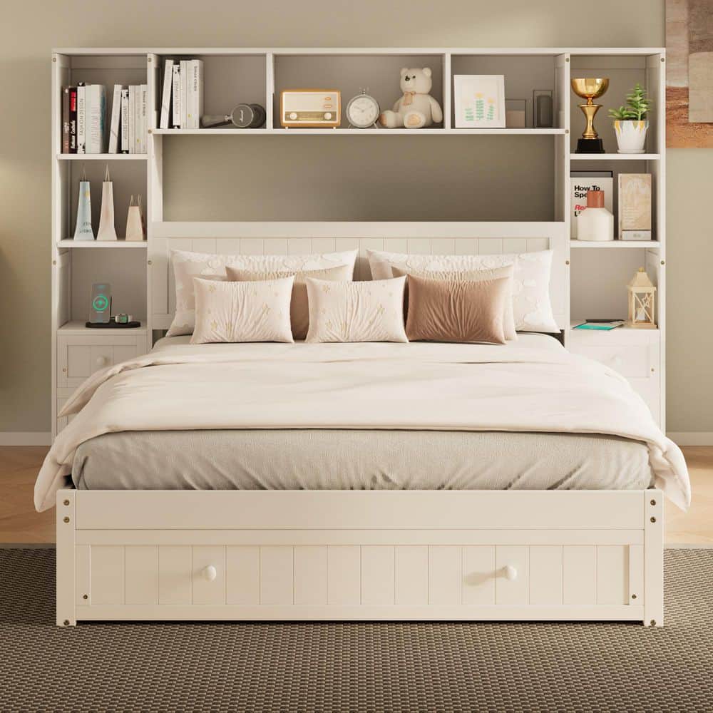 White Pinewood, MDF and Plywood Frame Queen Panel Bed with Drawers, USB Charging Ports and Bookcase Headboard price history on PriceWatchPro