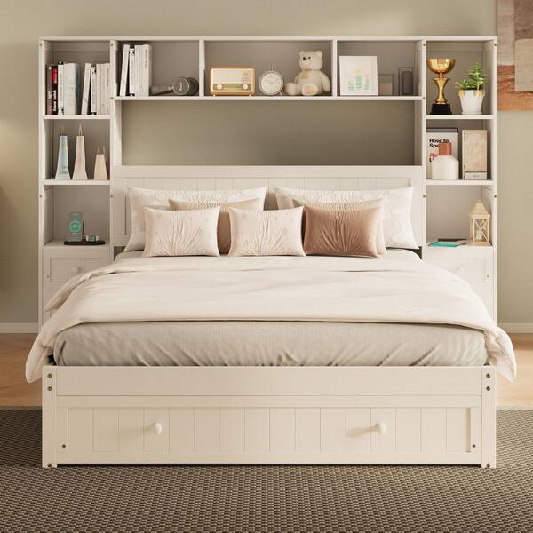 White Pinewood, MDF and Plywood Frame Queen Panel Bed with Drawers, USB Charging Ports and Bookcase Headboard