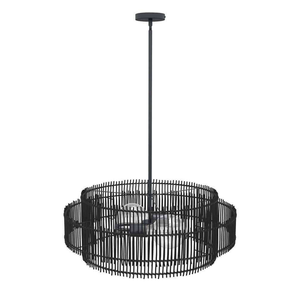 19.68 in. 2-Light Matte Black Boho Chandelier Farmhouse Woven Rattan Adjust