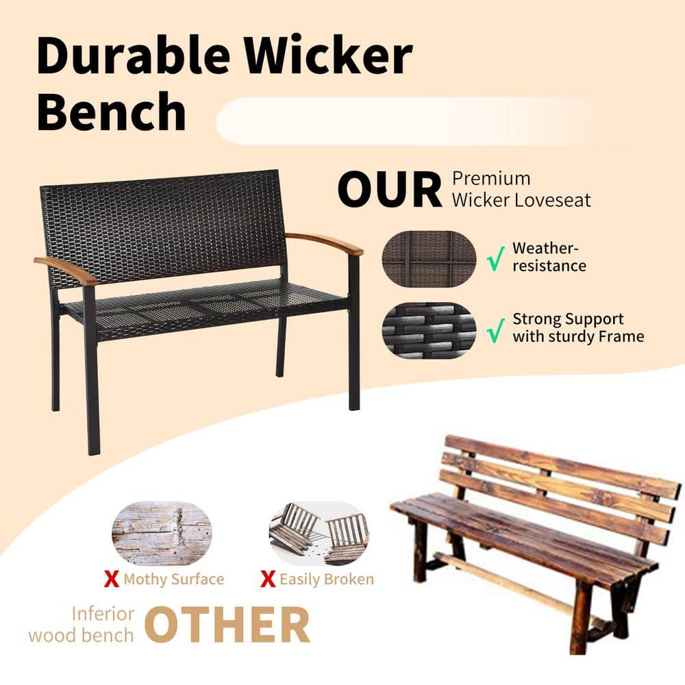 Weather-Resistant Rattan Wicker Loveseat with Steel Frame and Acacia Armrests