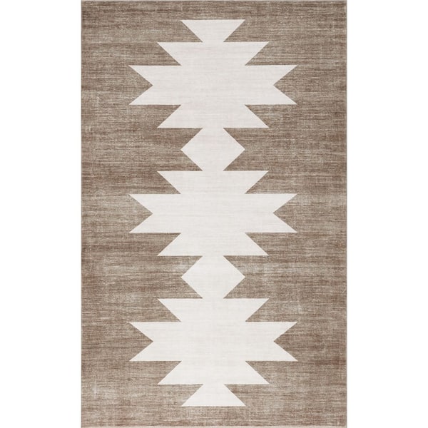 Peyton Minimalist Geometric Totem Non-Slip Machine-Washable Beige/Cream 8 ft. x 10 ft. Area Rug