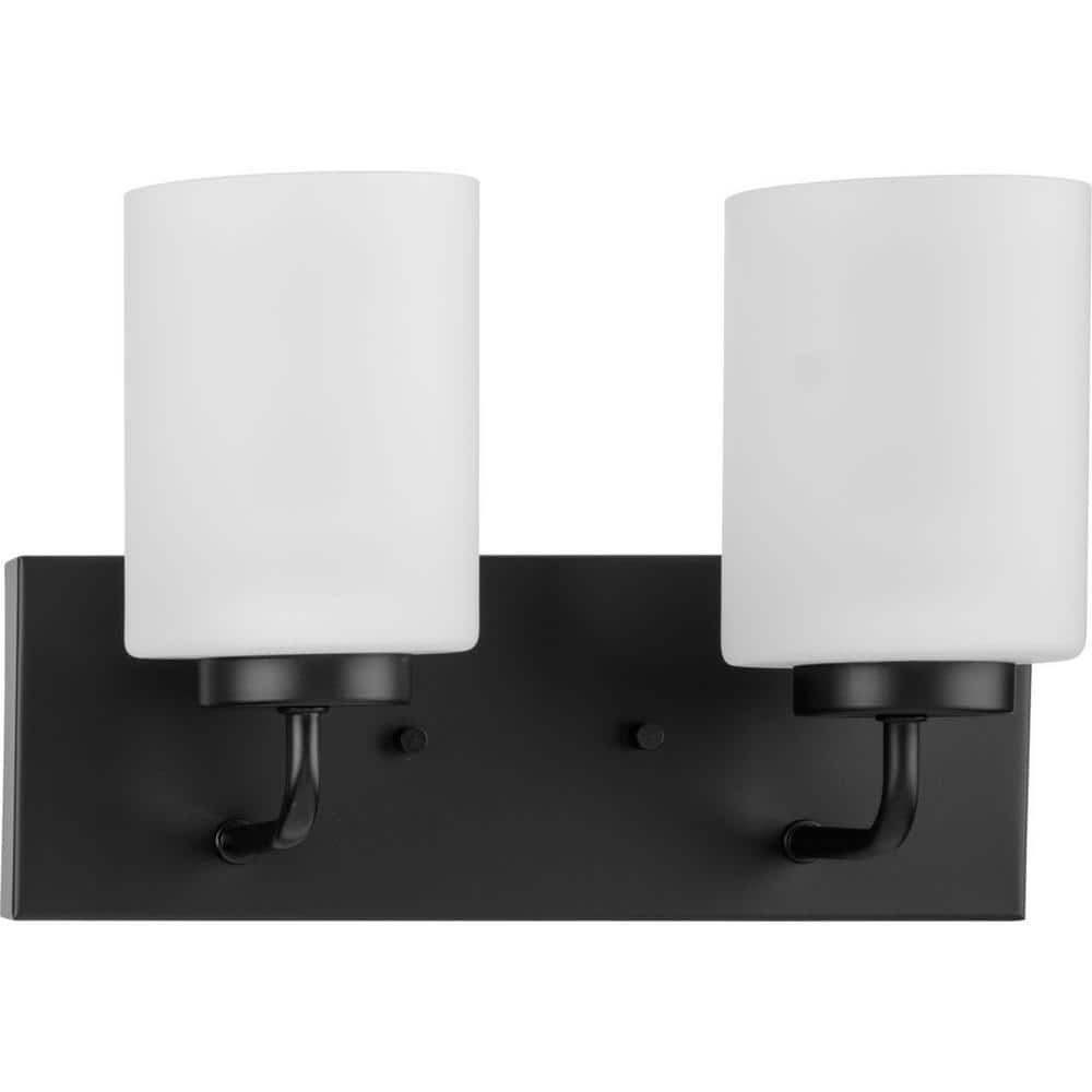 Matte Black Steel 2-Light Bath Vanity with Etched Glass Shades
