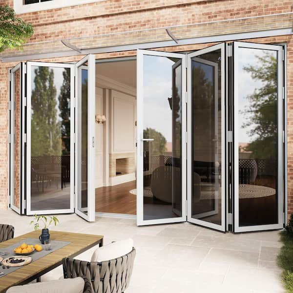 192 in. x 96 in. Bi-Parting Double Tempered Glass White Aluminum Folding Patio Door