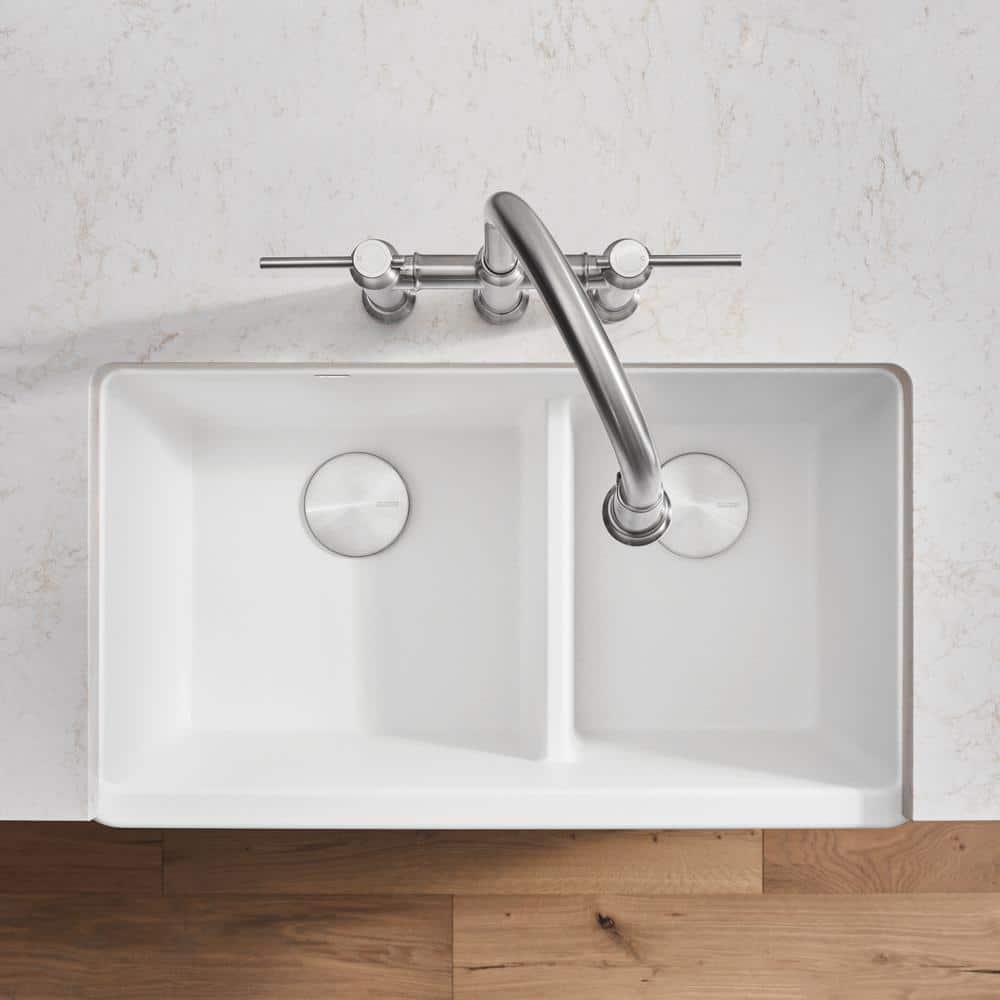 White Stone Double Bowl Farmhouse Kitchen Sink, 33-inch