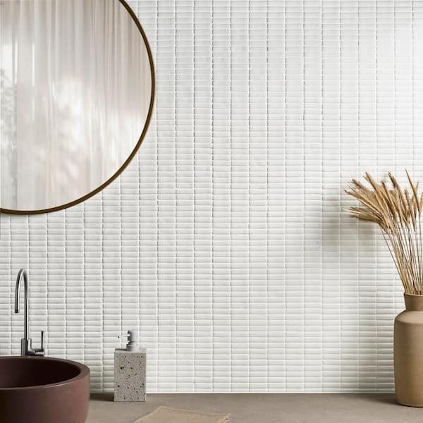 Nova White 4 in. x 0.23 in. Mini Brick Frosted Glass Mosaic Floor and Wall Tile Sample