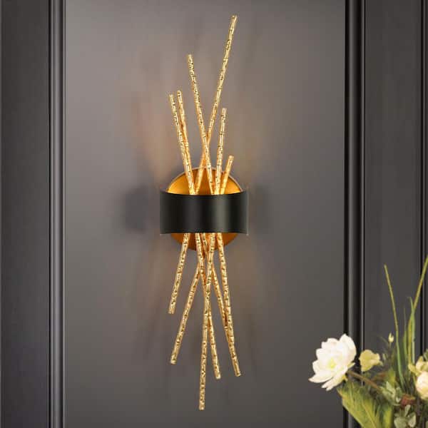 21.7 in. H 1-Light Black LED Linear Wall Sconce with Hammered Goldleaf Metal Accents Modern Glam Living Room Wall Light