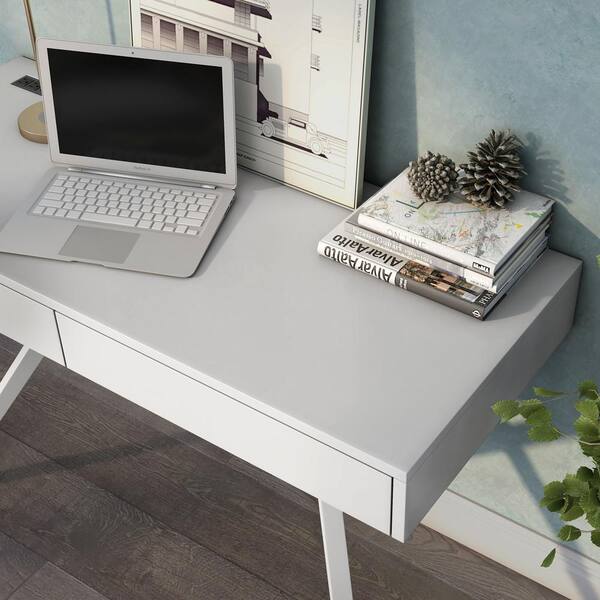 Draylen White Solid Wood Study Desk with Drawers /Rubberwood/Curved/0.