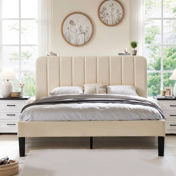 Upholstered Bed Frame, Queen Platform Bed Frame with Adjustable Headboard, Strong Wooden Slats Support, Beige