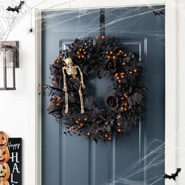 Glitzhome 24 in. D Black Rose, Skeleton and Berry Halloween