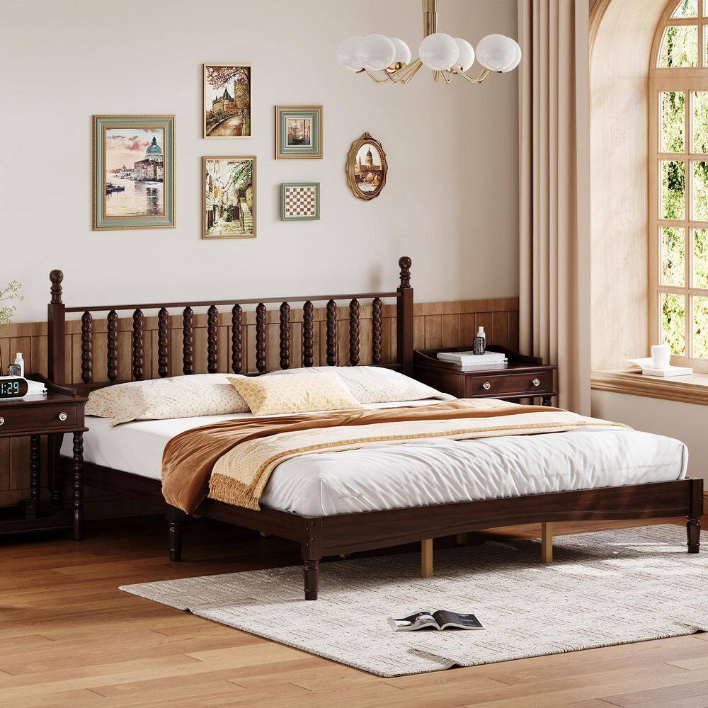 Walnut Brown Wood Frame King Size Platform Bed with Gourd Shaped Headboard and Wooden Slat Support price history on PriceWatchPro