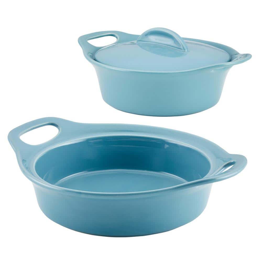 Agave Blue Ceramic Round Casserole Dish Set with Shared Lid