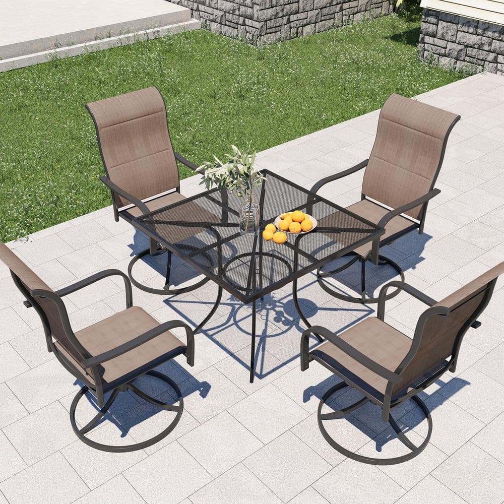 5-Piece Black Metal Steel Mesh Square 29.5 in. H Table Outdoor Dining Set w/ 4 Textiliene Swivel Chairs & Umbrella Hole price history on PriceWatchPro