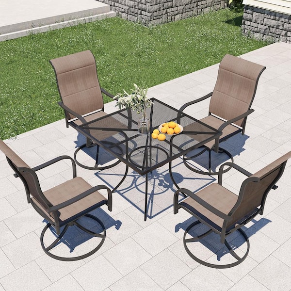 Mondawe 5-Piece Steel Textiliene Swivel Chair Square Table 29.5 in. Height Outdoor Dining Set with Umbrella Hole