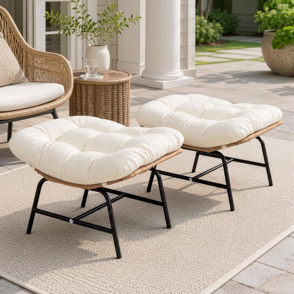 Wicker Outdoor Ottomans with Beige Cushions, Armless Metal Frame Footrests for Backyard, Garden, and Porch (2-Pack)