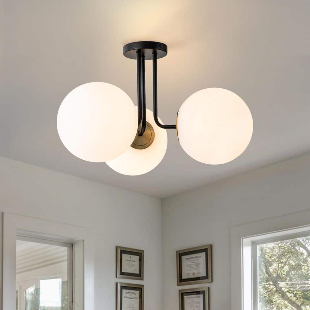 Lueck 22 in. 3-Light Modern Sputnik Black and Gold Semi Flush Mount with Globe White Glass price history on PriceWatchPro