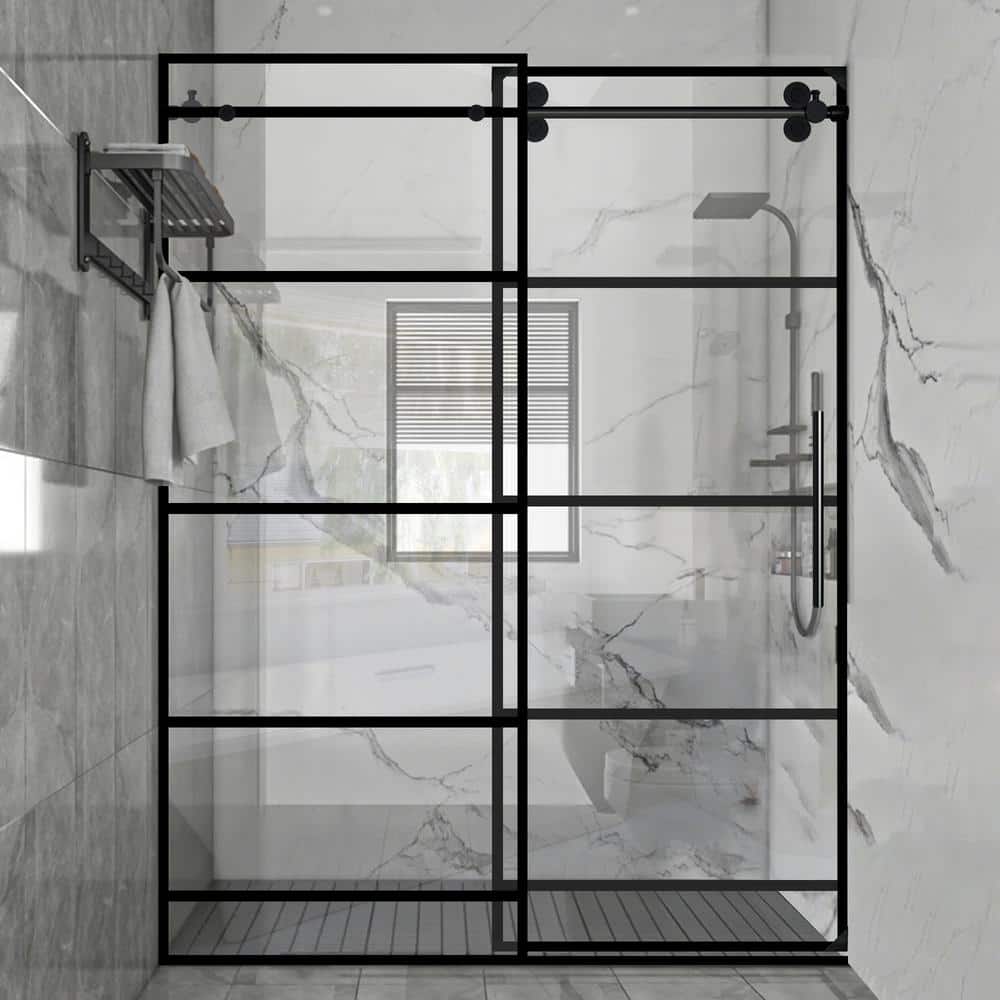 60" Matte Black Framed Sliding Shower Door with Stainless Steel Handle