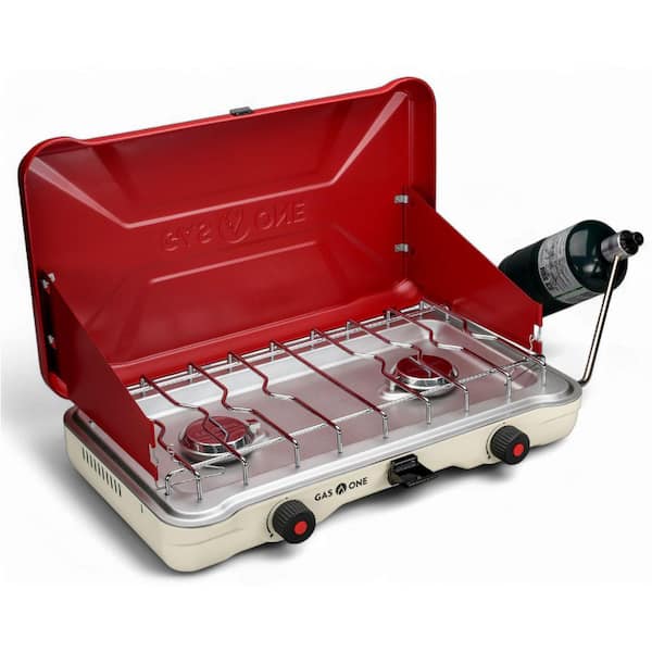 Portable Double Burner Propane Camping Stove in Red