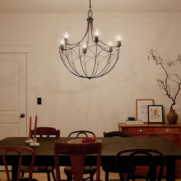 Topiary 28.25 in. 6-Light Textured Black Vintage Candle Circle Chandelier for Dining Room