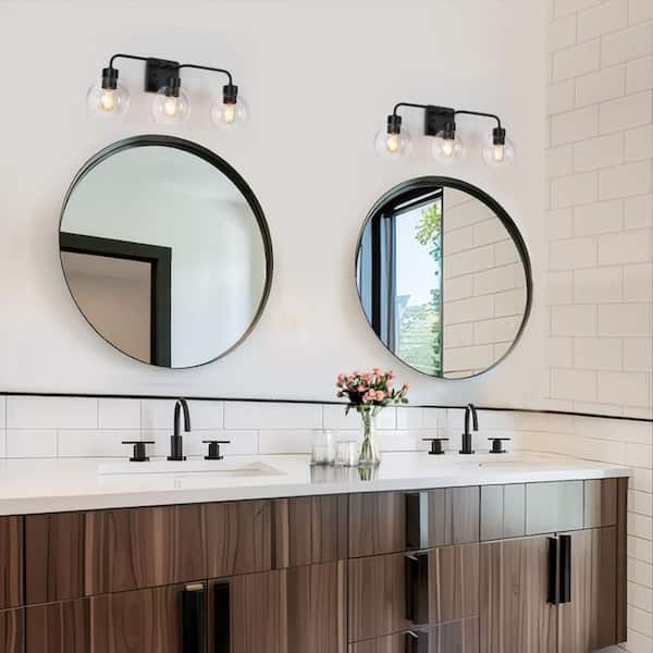 24.5 in. 3-Light Industrial Matte Black Bathroom Vanity Light, Modern Bath Lighting, Clear Globe Shade Wall Sconce