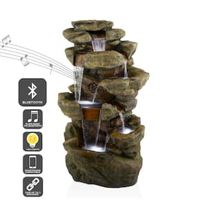 51 in. Tall Outdoor Rainforest Floor Tiered Fountain with LED Lights and Bluetooth Speaker