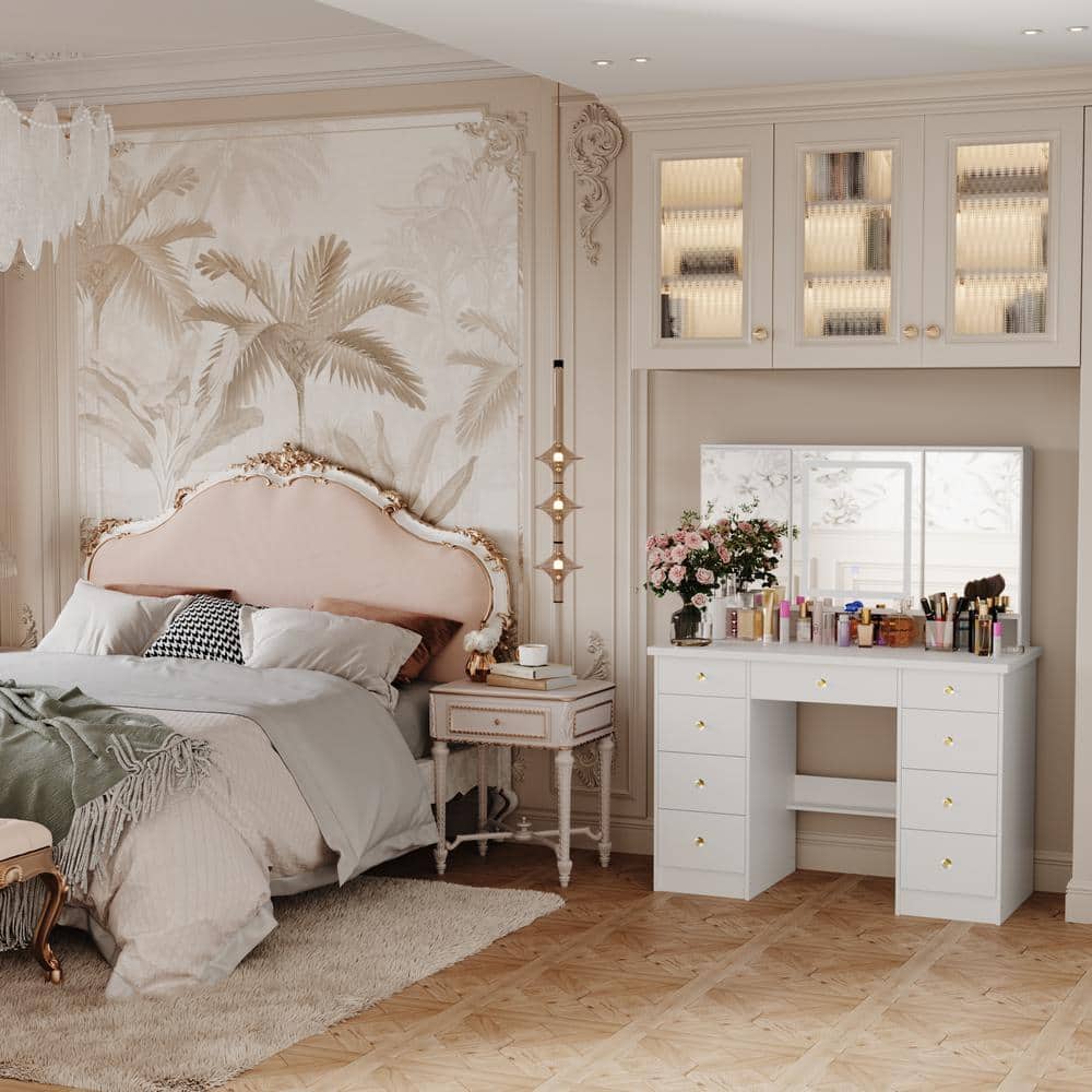 White Modern Makeup Vanity Desk 9 Drawers Wood Dressing Table With 3 Mirrors, Hidden Storage Shelves, LED Lighted - thumbnail 9