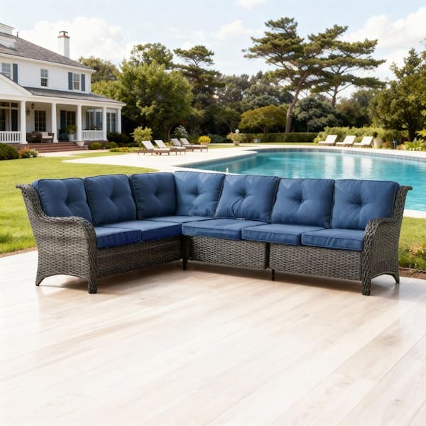 1-Piece Gray Wicker Patio Conversation Outdoor Couch, Sectional Sofa with Blue Cushions