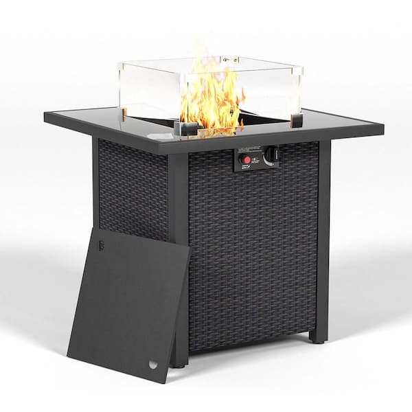 Siavonce 28 In. Propane Fire Pit Table, Wicker-Look, Gas Firepits Tempered Glass Tabletop with Glass Windscreen Protector