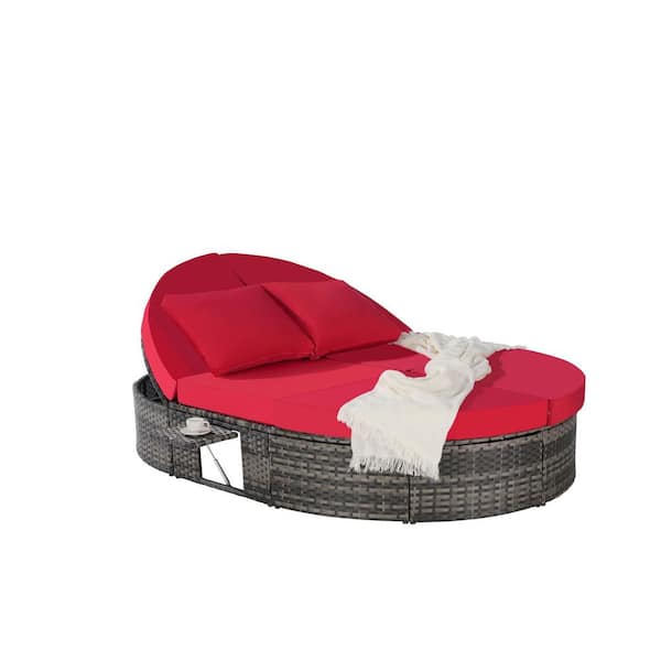 Zeus & Ruta Gray Wicker Outdoor Day Bed with Adjustable Backrests and Foldable Cup Trays Red Cushions