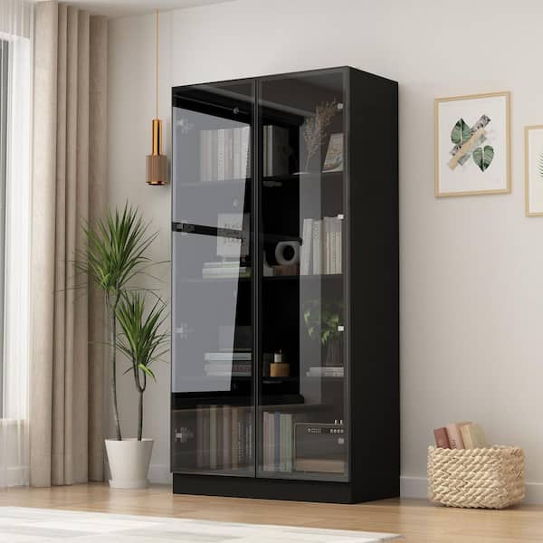 FUFU&GAGA 63 in. H x 31.5 in W Black Wood 3-Shelf Bookcase FUFU&GAGA 63 in. H x 31.5 in W Black Wood 3-Shelf Bookcase