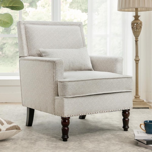LUE BONA 35 in. Beige Fabric Classic Accent Chair Solide Wood Upholstered Armchair with Cushion Nailheads