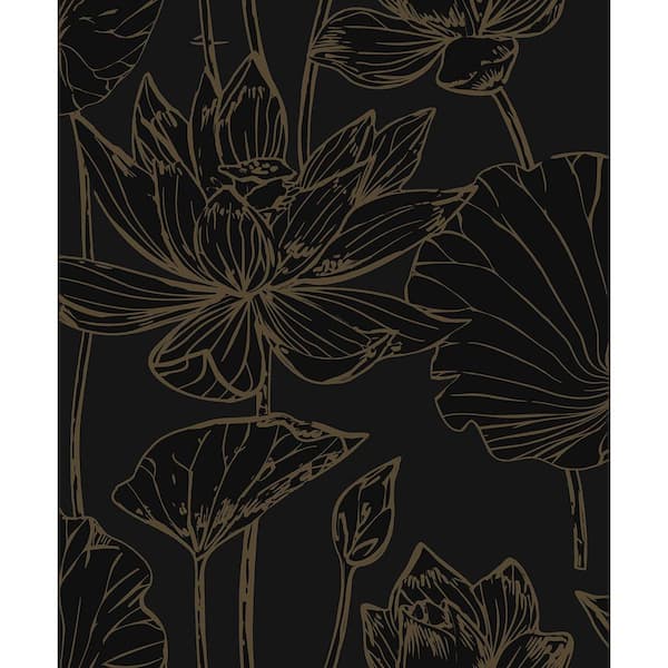 31.35 sq. ft. Wrought Iron & Gold Lotus Garden Floral Vinyl Peel and Stick Wallpaper Roll