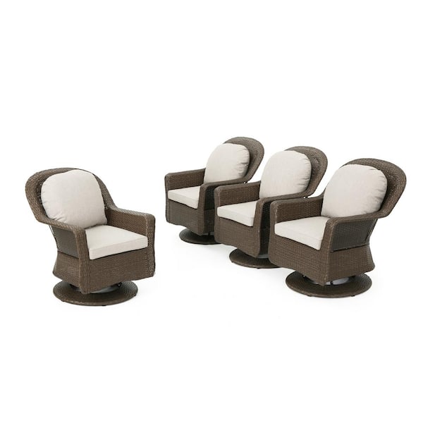Liam Brown Swivel Faux Rattan Outdoor Patio Lounge Chair with Ceramic Grey Cushions (4-Pack)