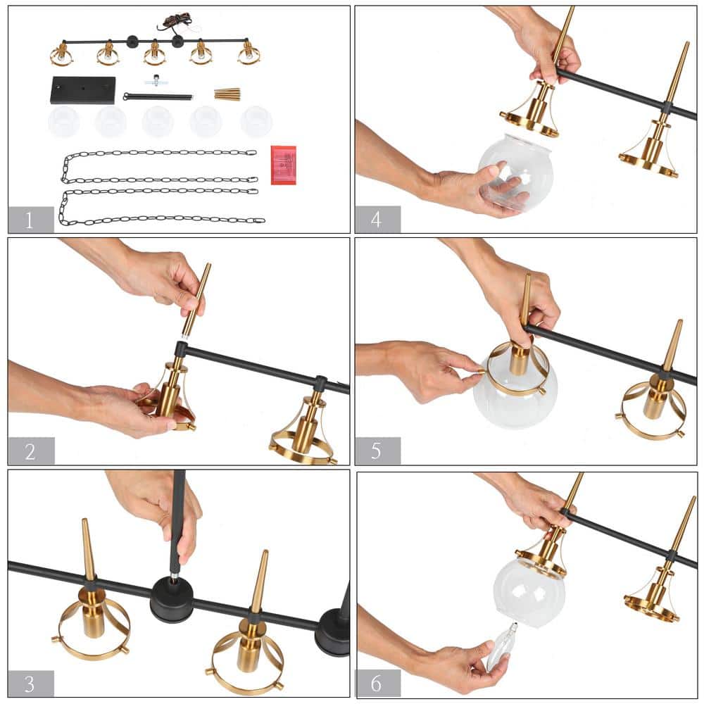 Black and Brass 5-Light Linear Chandelier with Glass Shades