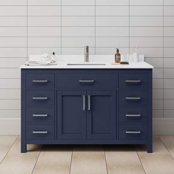 Wyndham Collection Beckett 54 in. W x 22 in. D x 35 in. H Single Sink Bathroom Vanity in Dark Blue with White Cultured Marble Top