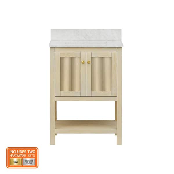 Arcott 25 in. Single Sink Fluted Natural Wood Bath Vanity with Carrara White Marble Top (Assembled)