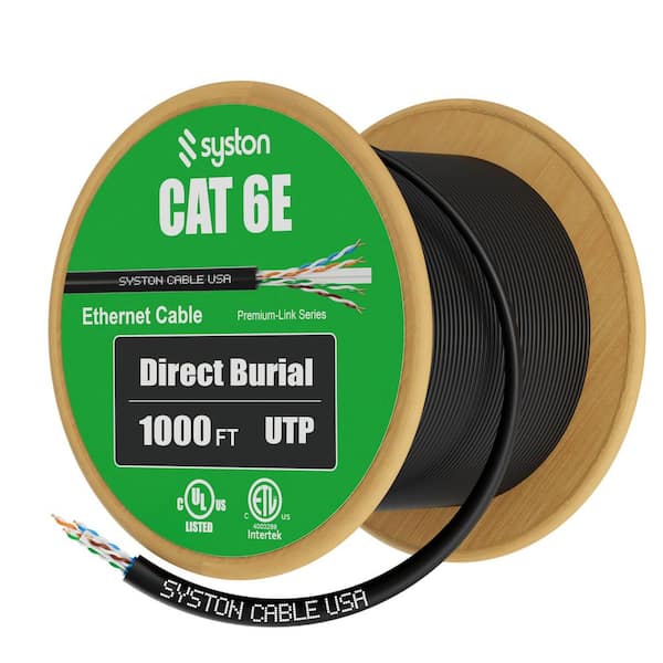 1000 ft. Cat 6E Direct Burial Ethernet Network Cable Data Wire 600 MHz Water Blocking Gel-Filled for Outdoor Using-Black
