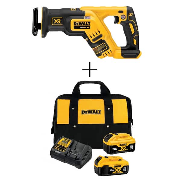 DeWalt 20V Max XR Cordless Brushless Compact Reciprocating Saw with 20V 6.0Ah and 4.0Ah Batteries, Charger & Kit Bag