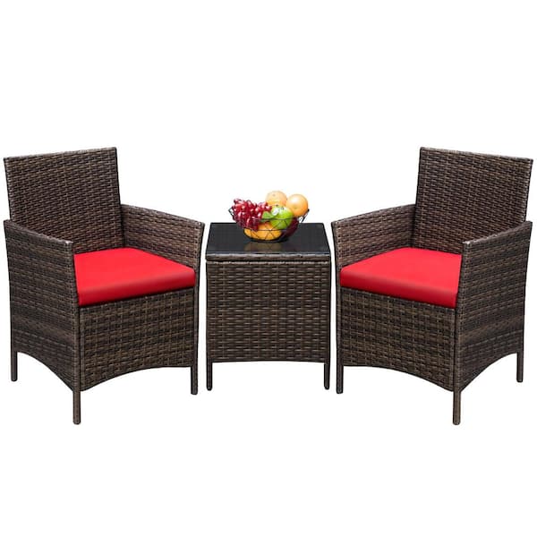 3-Pieces Wicker Red Patio Furniture Set Outdoor Patio Conversation Set with Table with Red Cushion