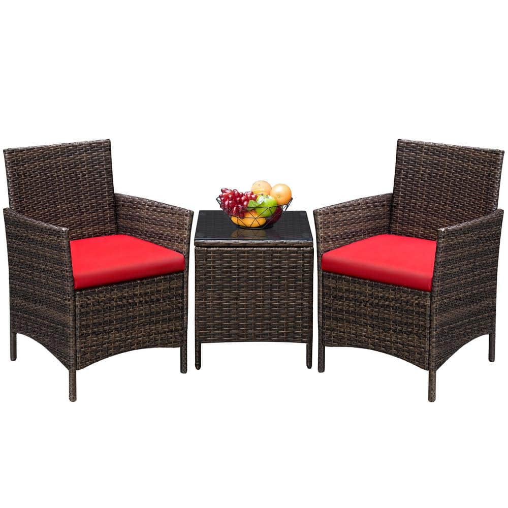 Brown 3-Pieces Patio Furniture PE Rattan Outdoor Conversation Set with Table Backyard Garden Set with Red Cushion price history on PriceWatchPro