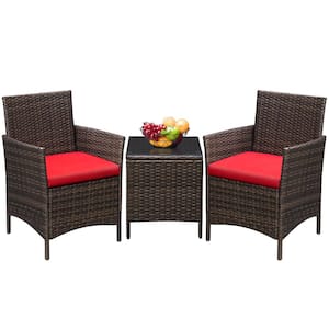 Brown 3-Pieces Patio Furniture PE Rattan Outdoor Conversation Set with Table Backyard Garden Set with Red Cushion