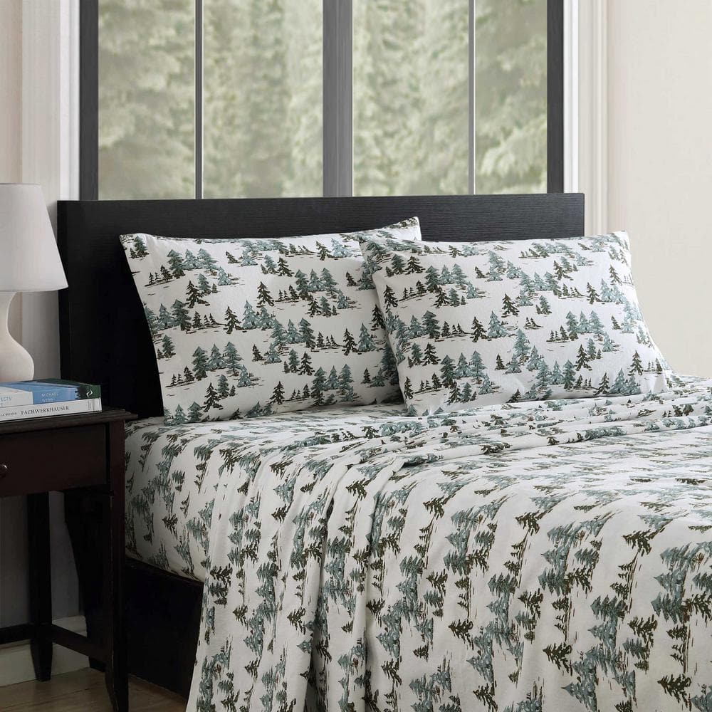 Twin Green Cotton Flannel Sheet Set with Snowy Pine Trees Print
