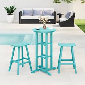 Laguna 3-Piece HDPE Weather Resistant Outdoor Patio Bar Height Bistro Set with Saddle Seat Barstools, Turquoise