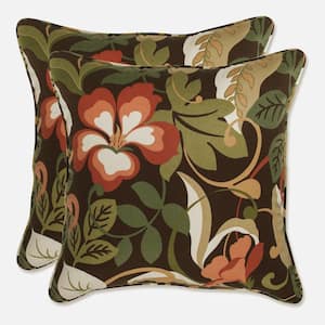 Floral Brown Square Outdoor Square Throw Pillow 2-Pack