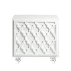 Keira Trellis Lacquered White End Table Lucite Leg Nightstand