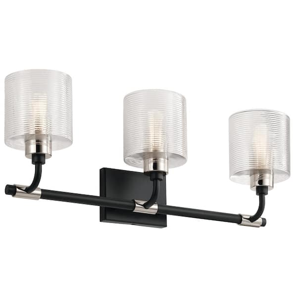 KICHLER Harvan 25 in. 3-Light Black Vintage Bathroom Vanity Light with Clear Ribbed Glass