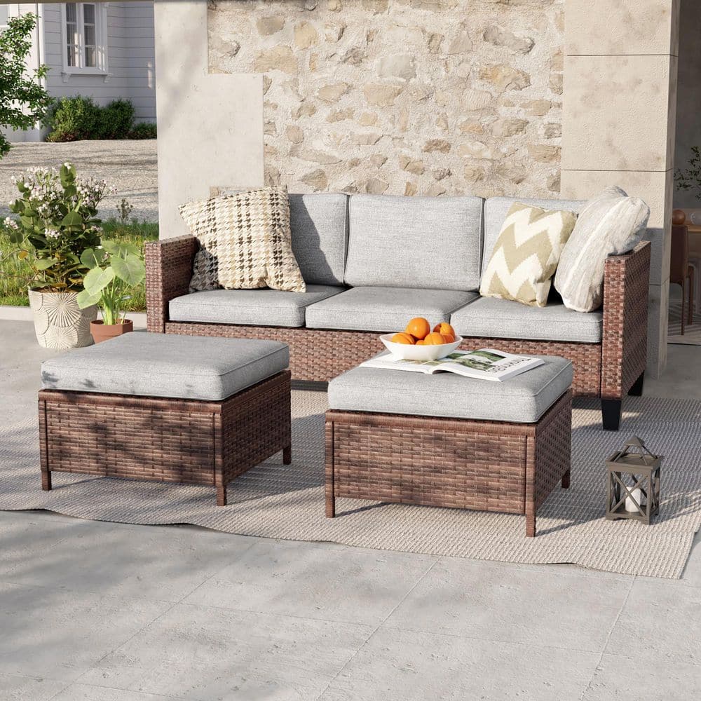 3-Seater Patio Brown Wicker Sofa set with Ottomans, Linen Grey Cushion price history on PriceWatchPro