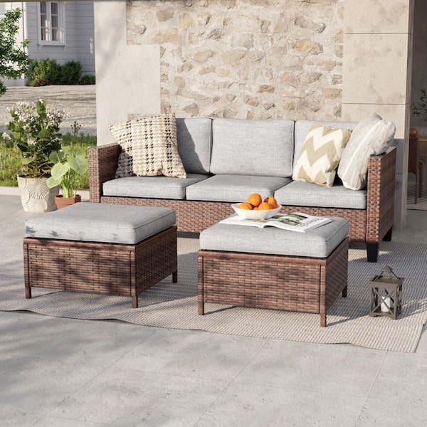 3-Seater Patio Brown Wicker Sofa set with Ottomans, Linen Grey Cushion