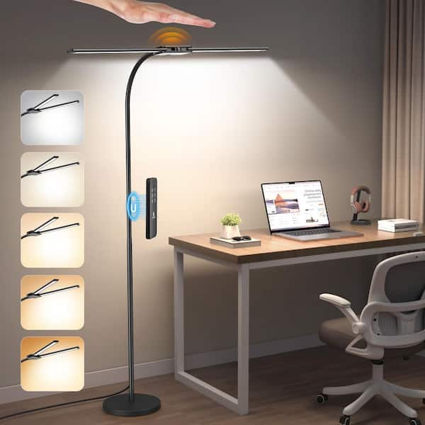 59 in. Dual Head Gooseneck LED Floor Lamp with Gesture Switch & Remote Control, Adjustable Eye-Caring Tall Standing Lamp