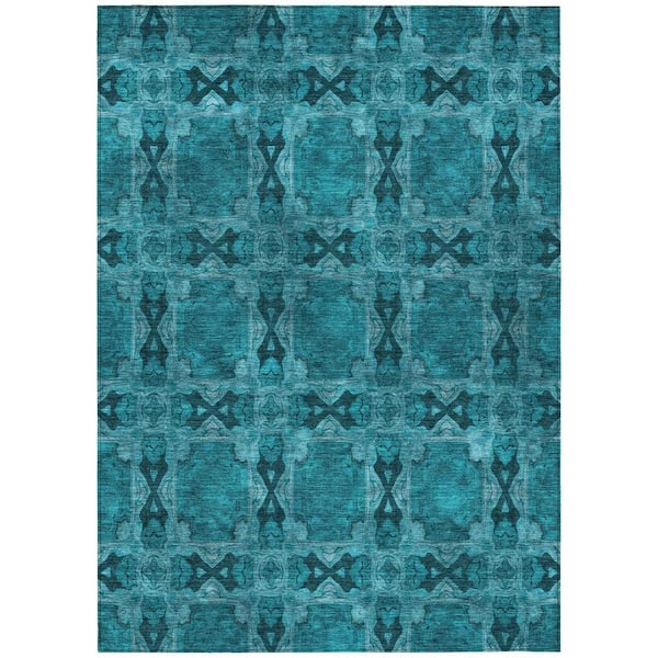Teal 3 ft. x 5 ft. Woven Floral;Medallion Rectangle Indoor/Outdoor Area Rug