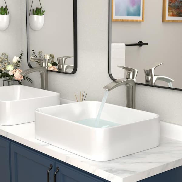 Logmey 19 in. x15 in. Porcelain Ceramic Bathroom Vessel Sink Rectangular in White with Faucet Combo Above